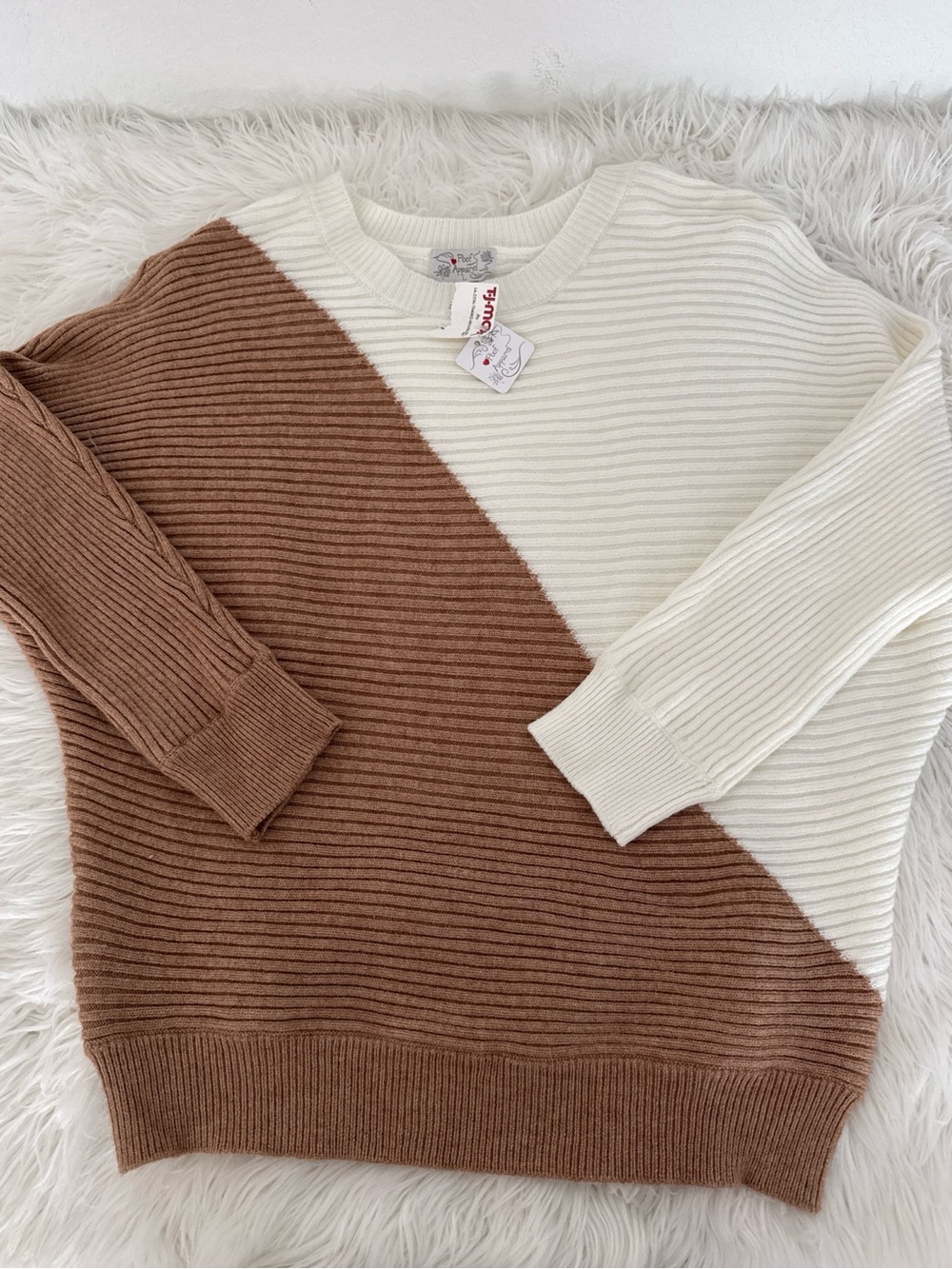 Poof! Diagonal Colorblock Ribbed Sweater in Cream & Brown